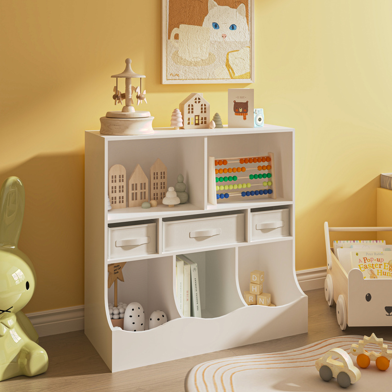Image of Vastesa Children's Shelf With 5 Compartments And 3 Folding Boxes, 75 X 80 X 40 Cm, White