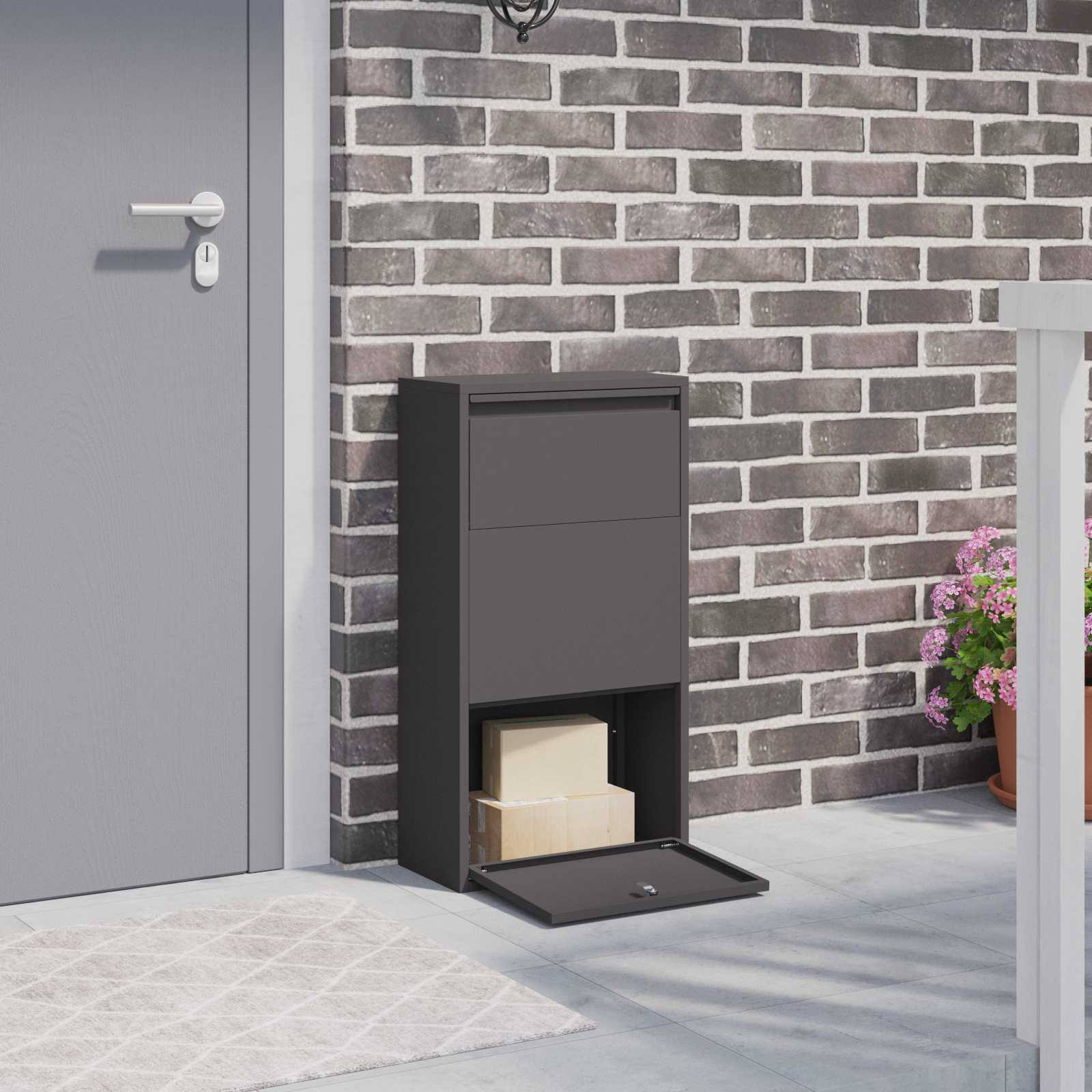 Package With Storage Black 44 X 22 X 82 Cm Steel, Garden & Terrace, , Weather-resistant Mailbox, Secure Package Storage