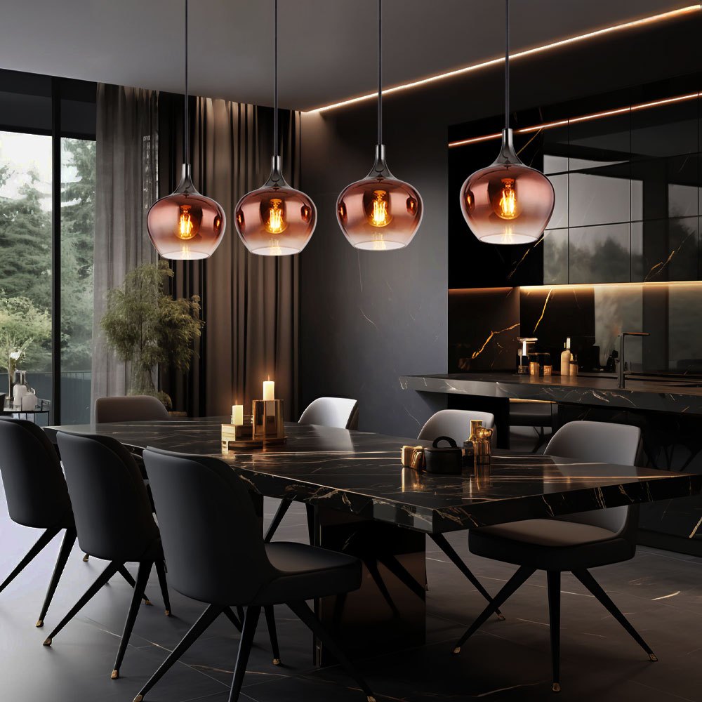 Image of Pendant Lamp, Hanging Lamp, Living Room Light, Dining Room Lamp, Kitchen Light, Ceiling Lamp, Metal Glass, Copper-colored Black, 4-light E27, Cm