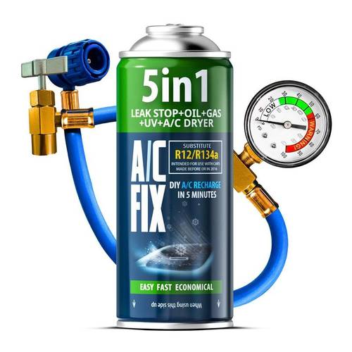 objektbild ac fix 5-i-1 r134a köldmedium för luftkonditionering + tryckmätarslang, , tätningsmedel, uv-färgämne, luftkonditioneringstorkare, återanvändbar gänga för , gör-det-själv bilkonditioneringsservice, för bilar tillverkade mellan 1994-2016, kompatibilitet med , luftkonditioneringspåfyllning utan verkstadsbesök, modern lösning, 5-i-1 , itet, ökat innehåll, hög kvalitet