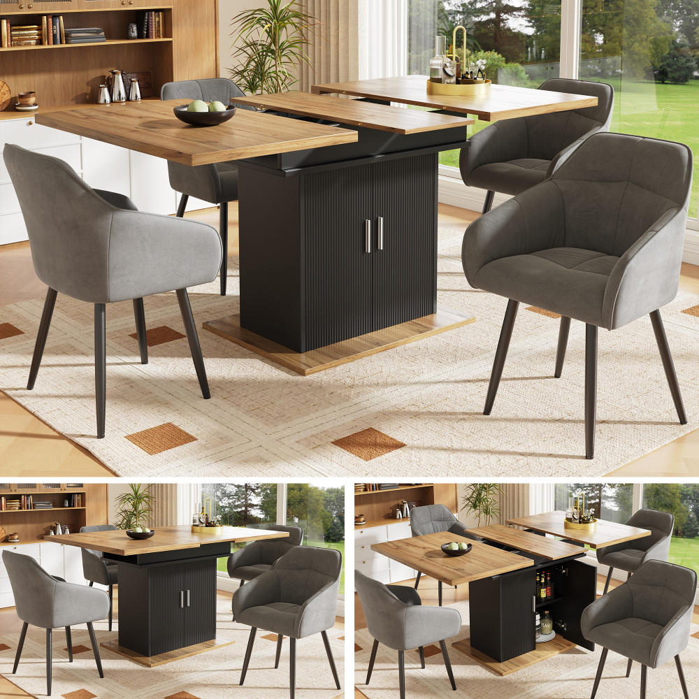 Image of Extendable Dining Table 110–140cm With Wavy Cabinet Door, Storage Space & Adjustable Shelves, Mdf + Sturdy Iron Construction For Kitchen & Living Room