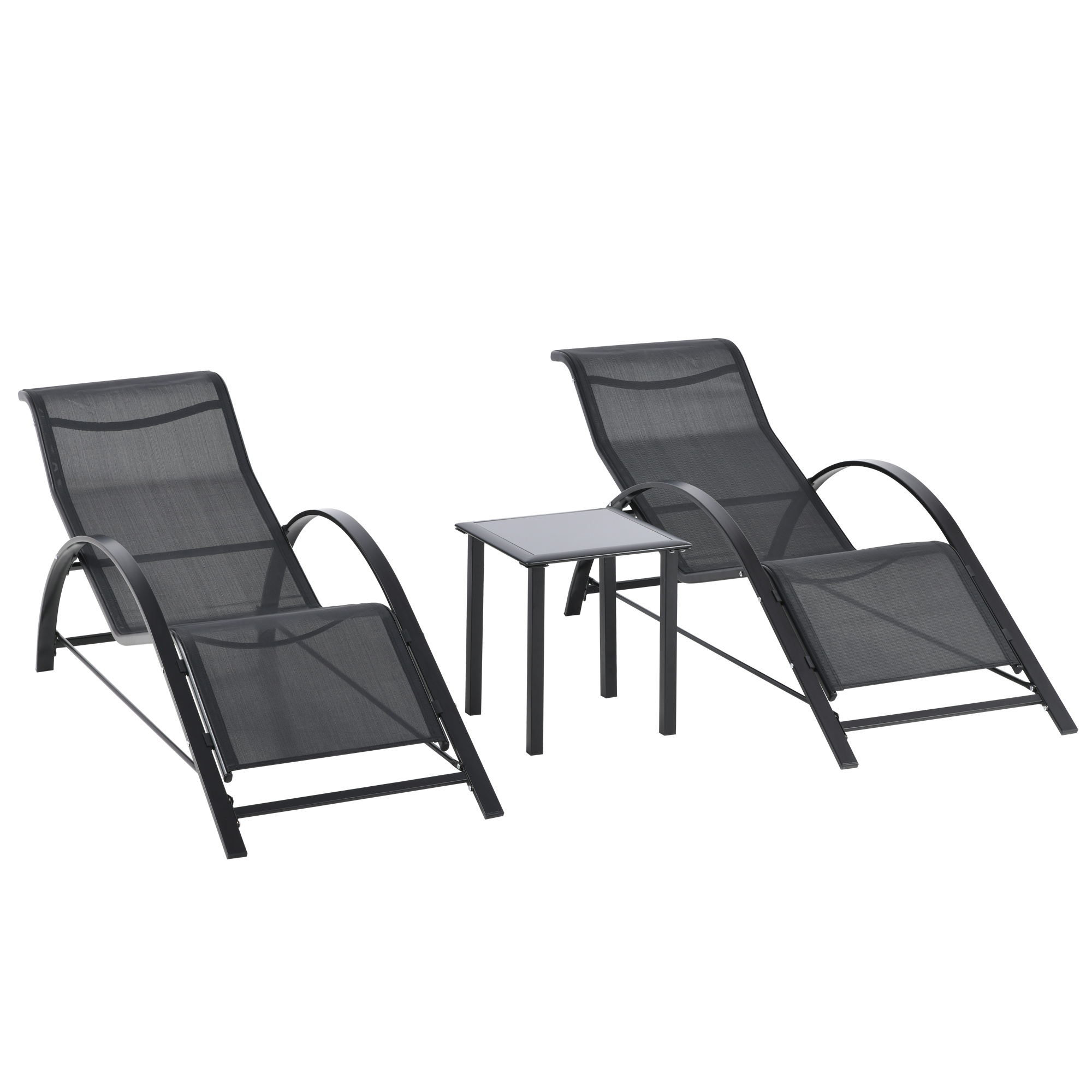 Outsunny Set Of 2 Contemporary Design Sun Loungers With Tempered Glass Table Top, Epoxy Metal, And Black