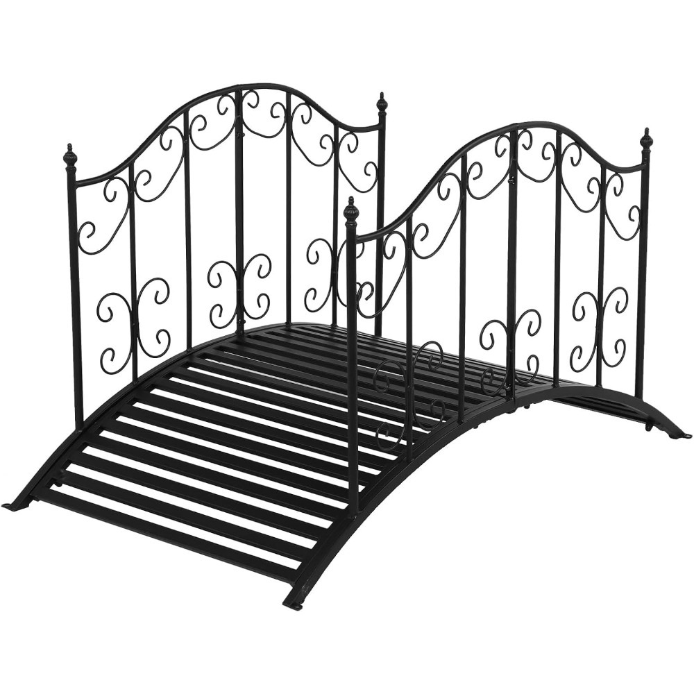 Image of Bridge Metal 120cm, Pond Bridge With Patterned Railing, Stable Bridge, Loadable Up To 204 Kg, Ornamental Bridge For Garden, Pond And Stream, Black.