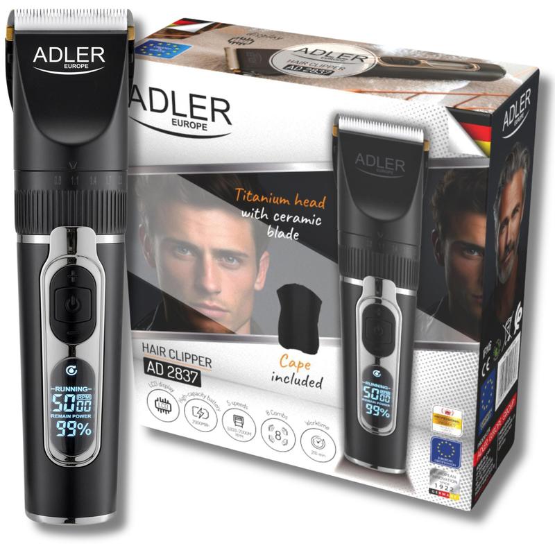 E-shop Professioneller Haarschneider 40W mit LCD-Display: Titankopf, Keramikklingen und 8 Aufsätze! Präzise Geschwindigkeitsregelung, leiser Motor und