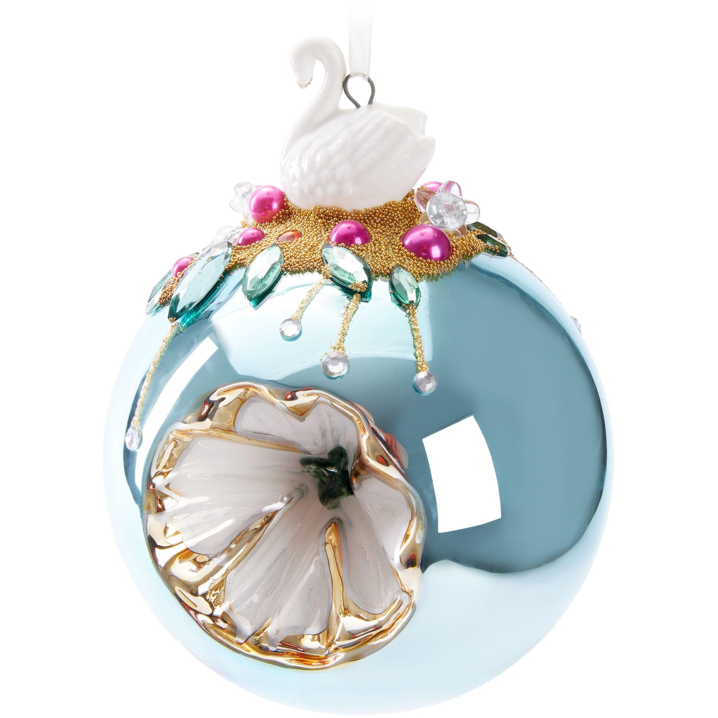Image of Brubaker Blue Christmas Ornament With Swan Figure - 10 Cm Christmas Tree Decoration With Beaded Accents - Hand-decorated Glass Bauble - Christmas Decor Christmas Tree Ornament