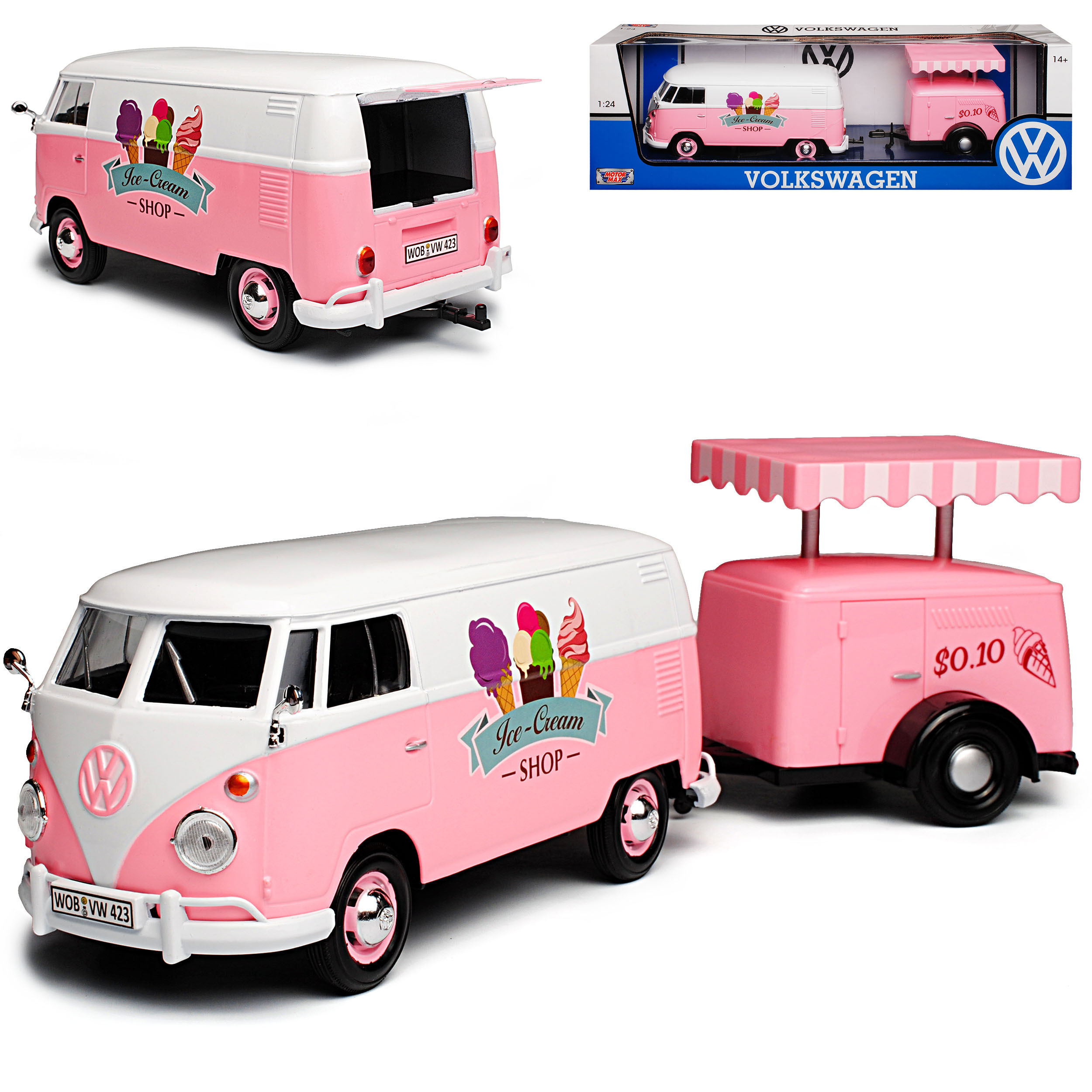 Image of Vw T1 Pink Ice Cream Truck With Trailer Bus 1950-1967 1/24 Model Car