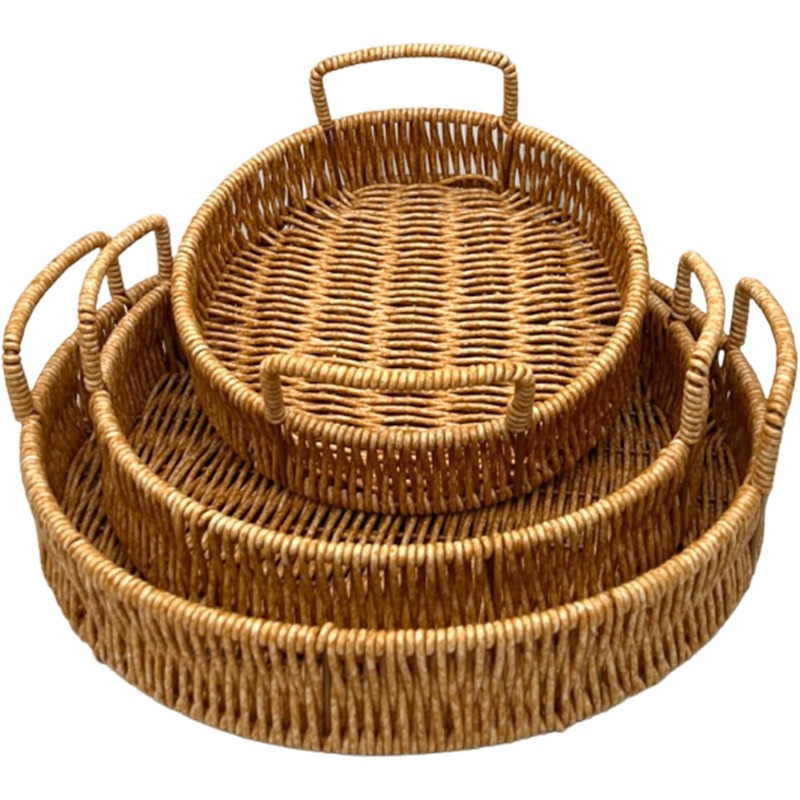 TEMU Rattan Round Serving Tray With Handles, Set Of 3, Hand-woven Wicker Tray, Rattan Tray,rustic Decorative Tray For Serving Food, Crackers,
