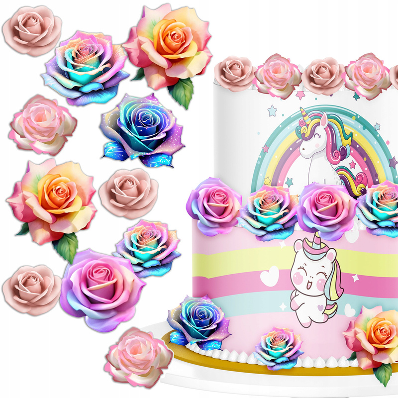 Image of Waffle Colorful Flower Roses For Cake, Edible Decoration - 32 Pcs