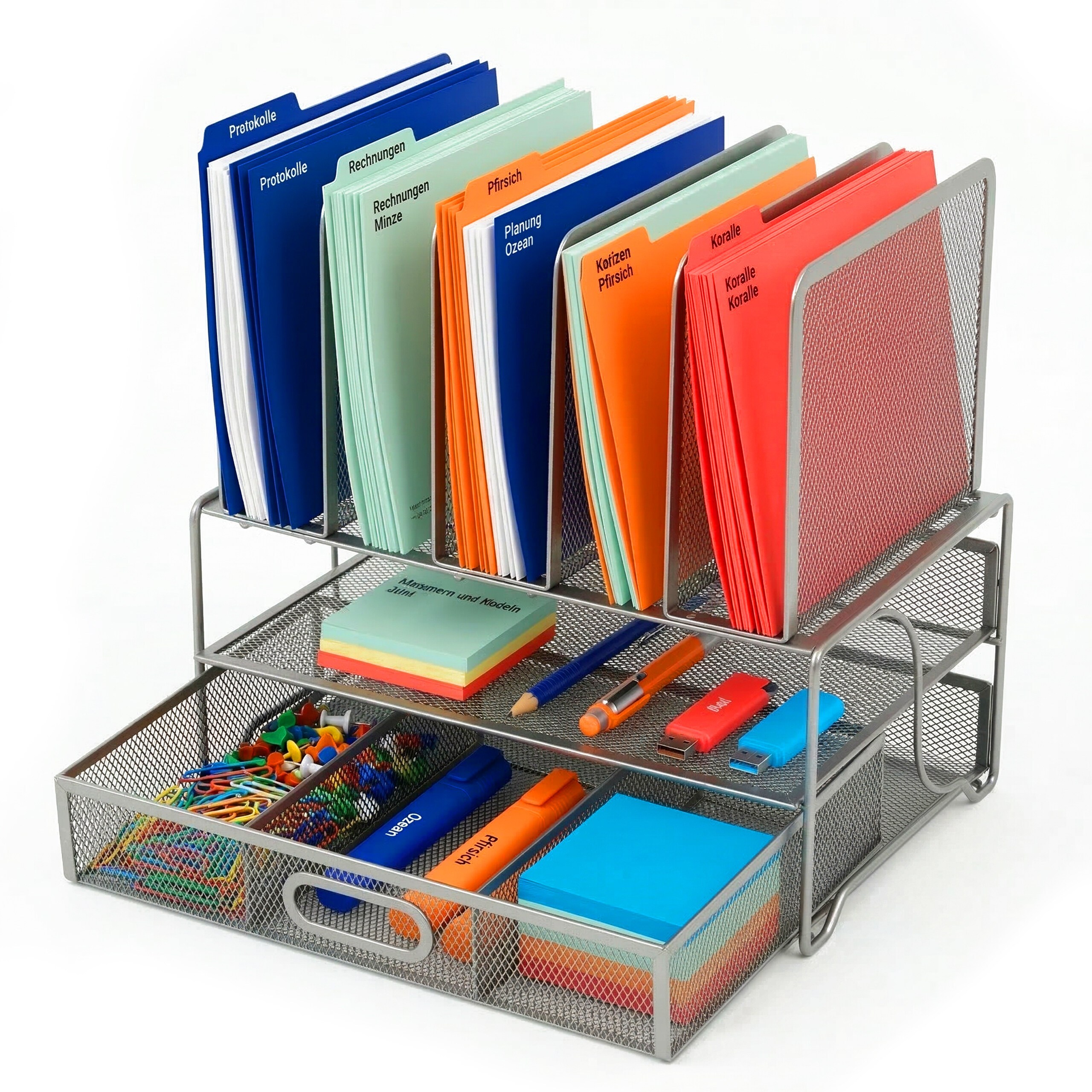 Image of Office Organizer With 6 Compartments, Drawer Included, Steel, Silver, 36 X 35 X 24.5 Cm, Vertical Mesh Design, For Desk, Office, And , Document Holder, File Stand, Storage Box, Relaxdays