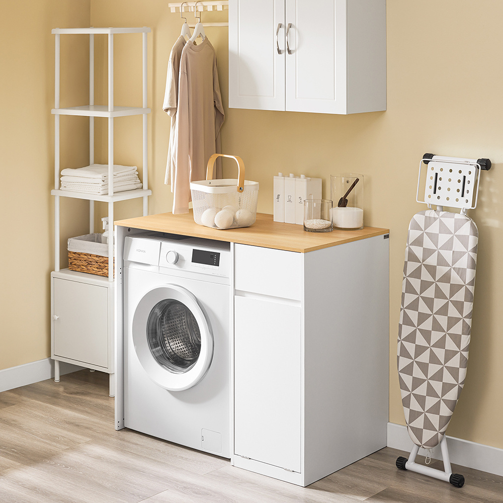 Image of Sobuy Washing Machine Cabinet – Cabinet With Laundry Basket & Drawer, For Washing Machine & Dryer, Space- Bathroom Cabinet In White Wood Look, , 100x60x90cm, Bzr217-wn