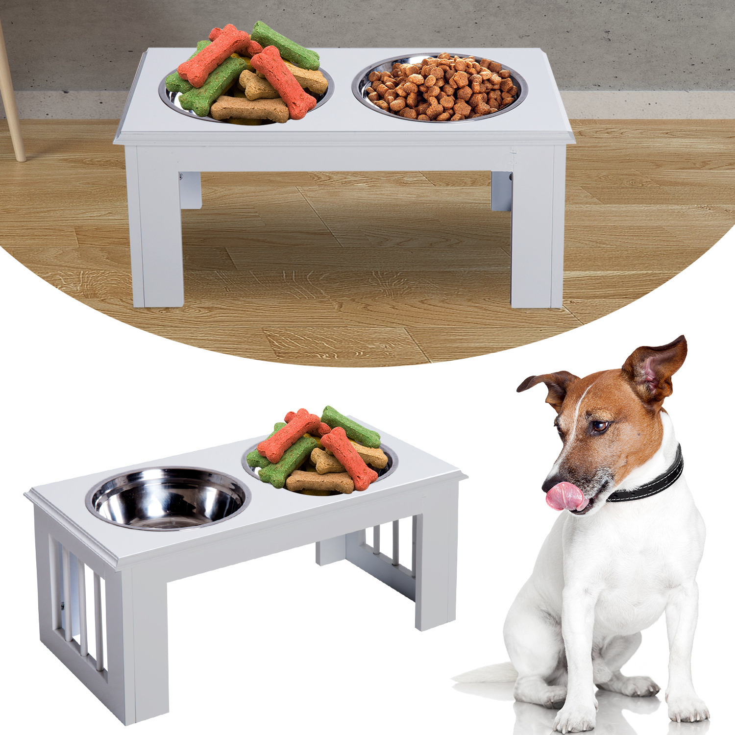 Dog Bowl With 2 Bowls, 2 Bowl, Elevated Cat Food Bowl, Easy To Clean, Stainless Steel White, 58.4 X 30.5 X Cm