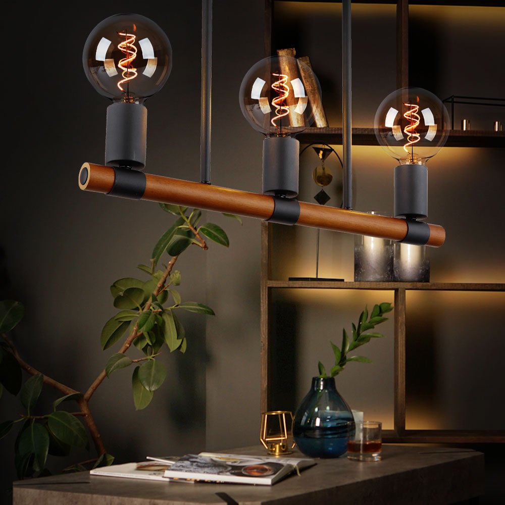 Image of Ceiling Lamp Living Room Light Dining Table Lamp Wooden Lamp, 3-burner Retro, Black Metal Brown Wooden Beams, E27, 49x6x35cm (lxwxh)