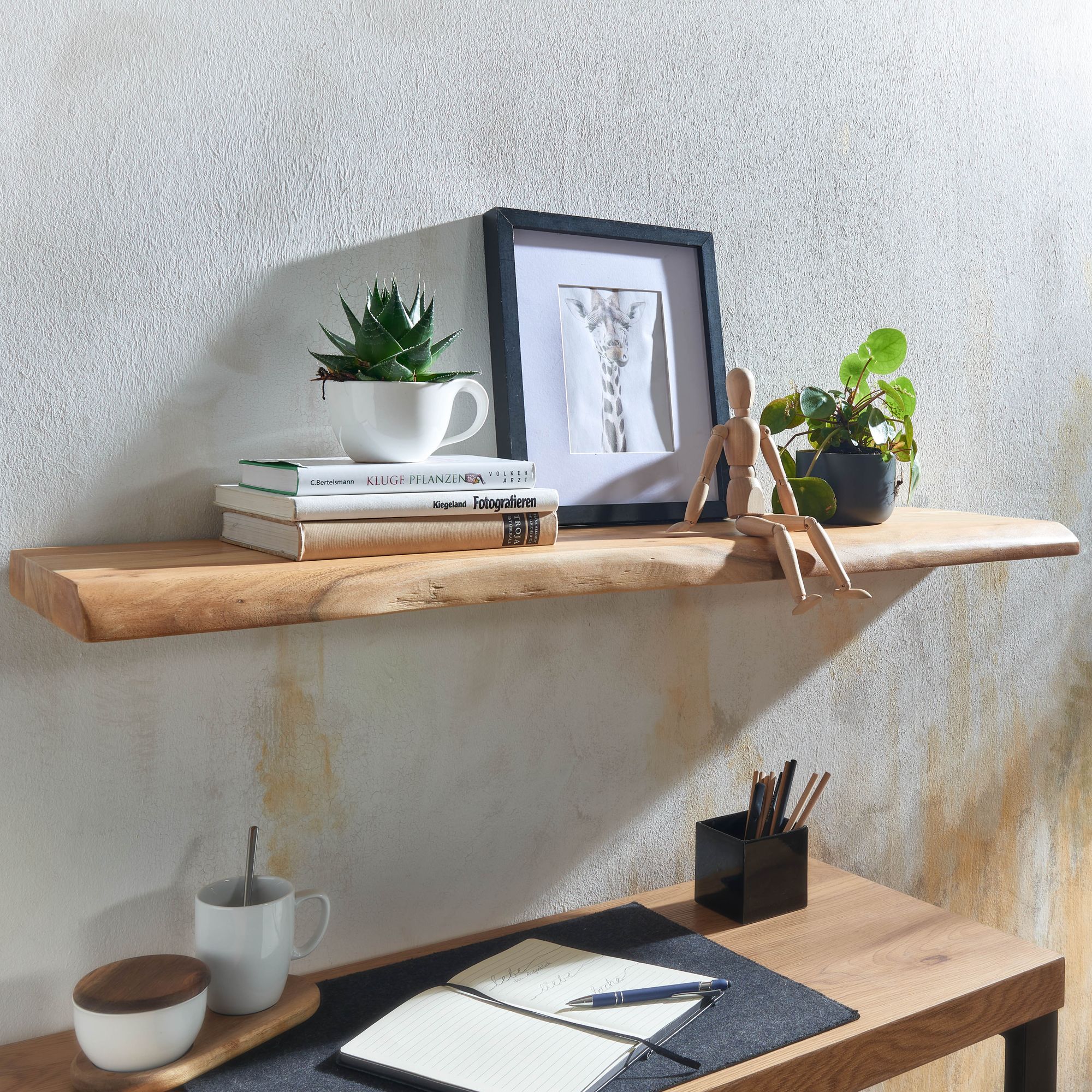 E-shop Wandregal mit Baumkante Akazie Massivholz, Design Schweberegal Wandboard Massiv, Regal Holz Natur, Landhausstil Hängeregal