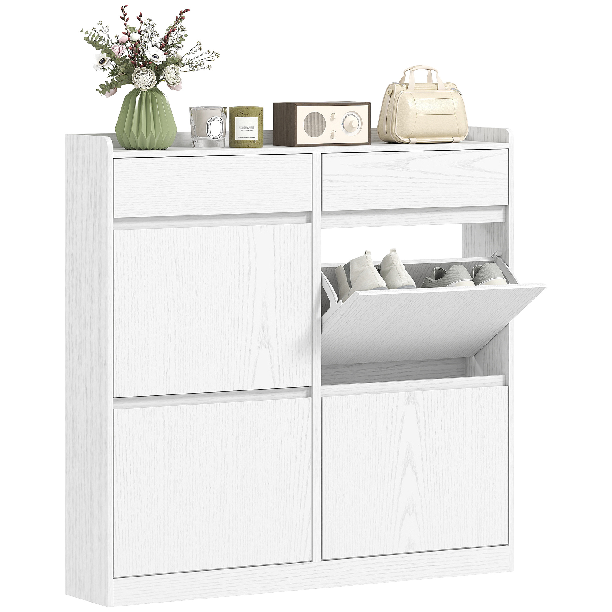 Image of Homcom Narrow Shoe Cabinet With 4 Flip-down Doors, Entryway Shoe Rack With 2 Drawers For 8 Pairs Of Shoes, For And Small Spaces, 98x19, 2x95, 3 Cm, White