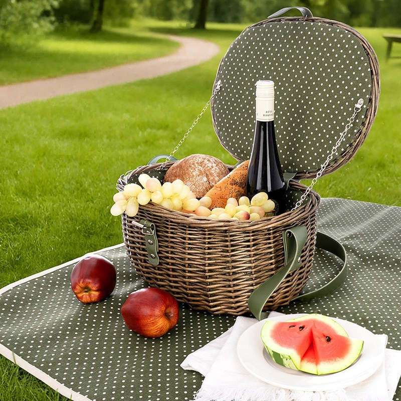 Image of Wicker Picnic Basket Verde 40x29x20 Cm 2300 Ml Brown With Lid Fabric Inside With Metal And Chain Strap For Carrying Czech Brand