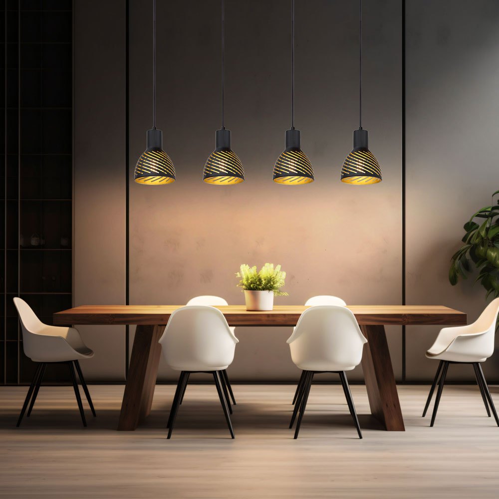 Image of Black And Gold Hanging Pendant Light, 4-light Dining Table Lamp For Living Room, Metal With Wood Look, 4x E27, 90x120 Lxh