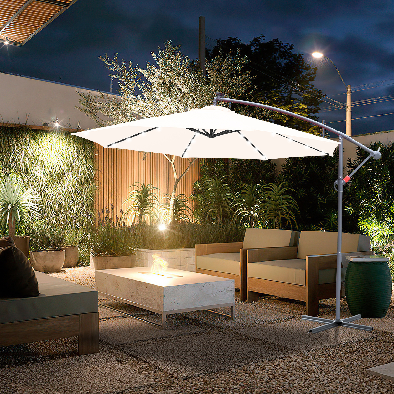 Parasol, parasol cantilever, avec support et lumière, protection solaire, protection UV jusqu'à UV30+, ouverture et fermeture faciles, pour jardin, terrasse, 300 cm