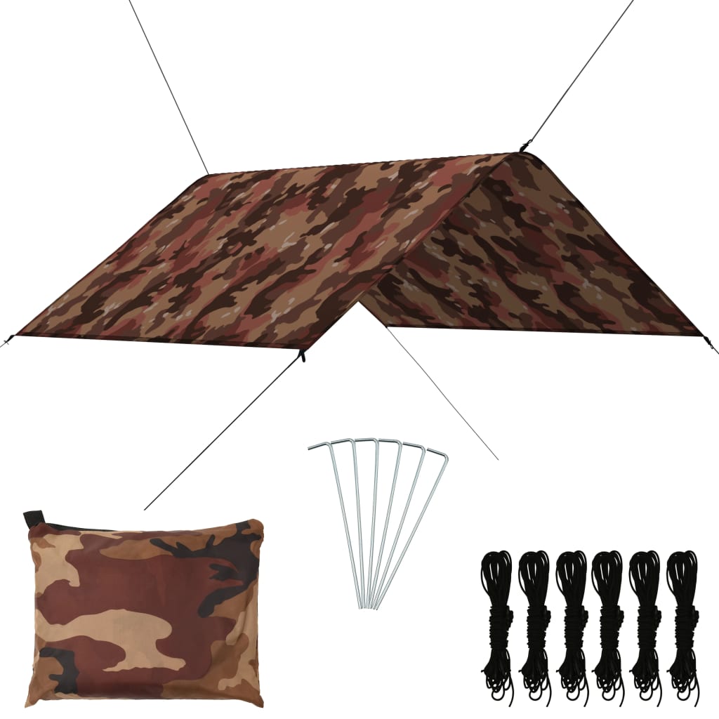vidaXL Buitenzeil met 6 haringen, 6 touwen, UV-bestendig, regenhoes, zonneschermzeil, hangmatzeil, kampeertentzeil, 3x2,85m, camouflage
