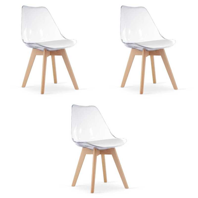 Image of Mark Transparent Chair With Cushion And Natural Legs, 3pcs Set Of For Living Room, Kitchen And Dining Room, Practical And Durable