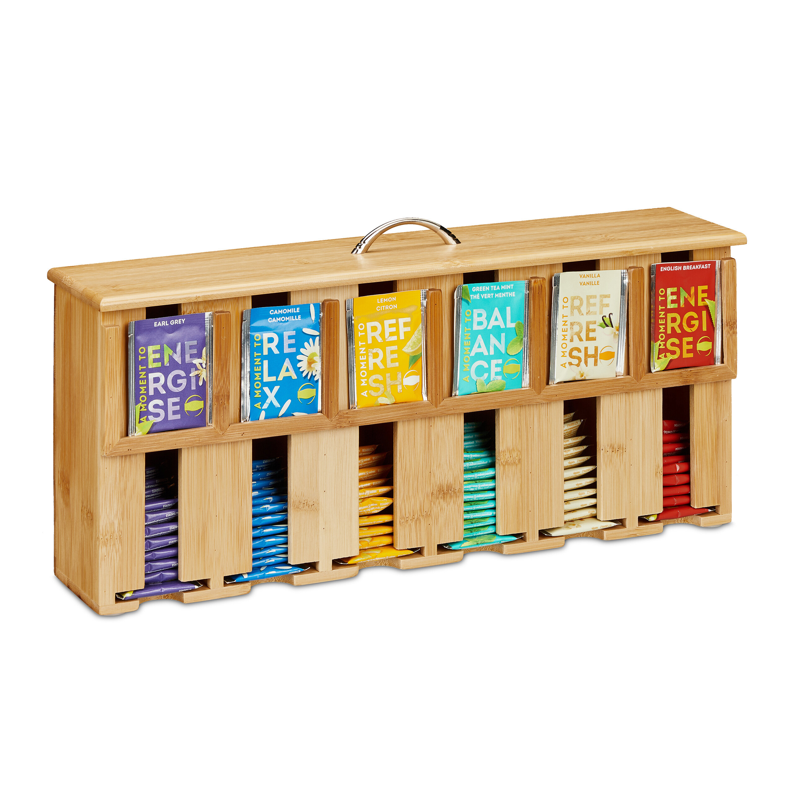 TEMU Tea Bag Dispenser With 6 Compartments, Bamboo And , 22 X 46.5 X 10.5 Cm, Natural/silver, Removable Lid, Insert Frame, Via Bottom Opening, For