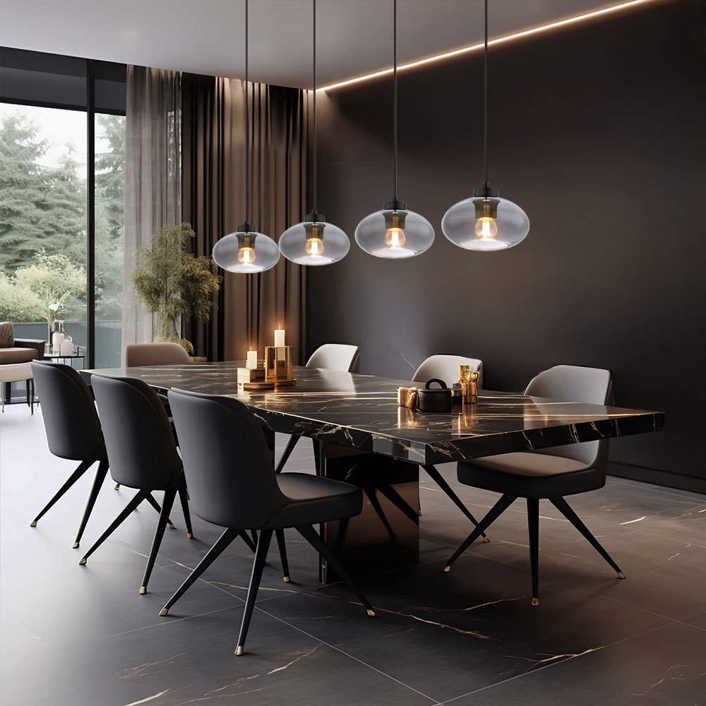 Image of 4-arm Pendant Light, Dining Table Lamp, Retro Hanging Lamp For Living Room, Smoked Glass, Black Metal, 4x E27, Lxh 96x120 Cm