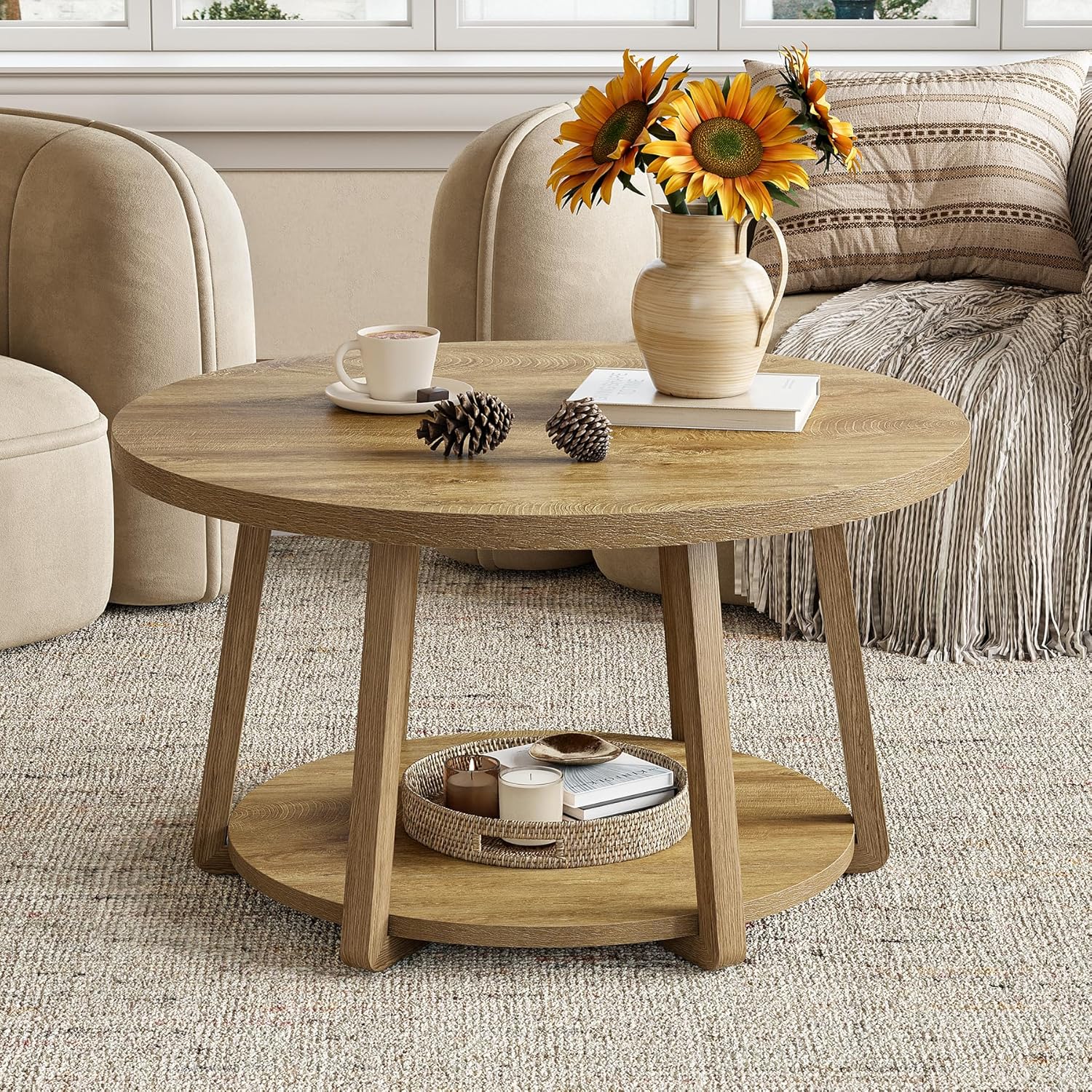 Image of Round Oak Coffee Table, 80 Cm, With 2 Tiers And Storage Space, Small Living Room Table With Wooden Legs, Easy Assembly, As A Side Table For Living Room, Small Spaces, And Bedroom