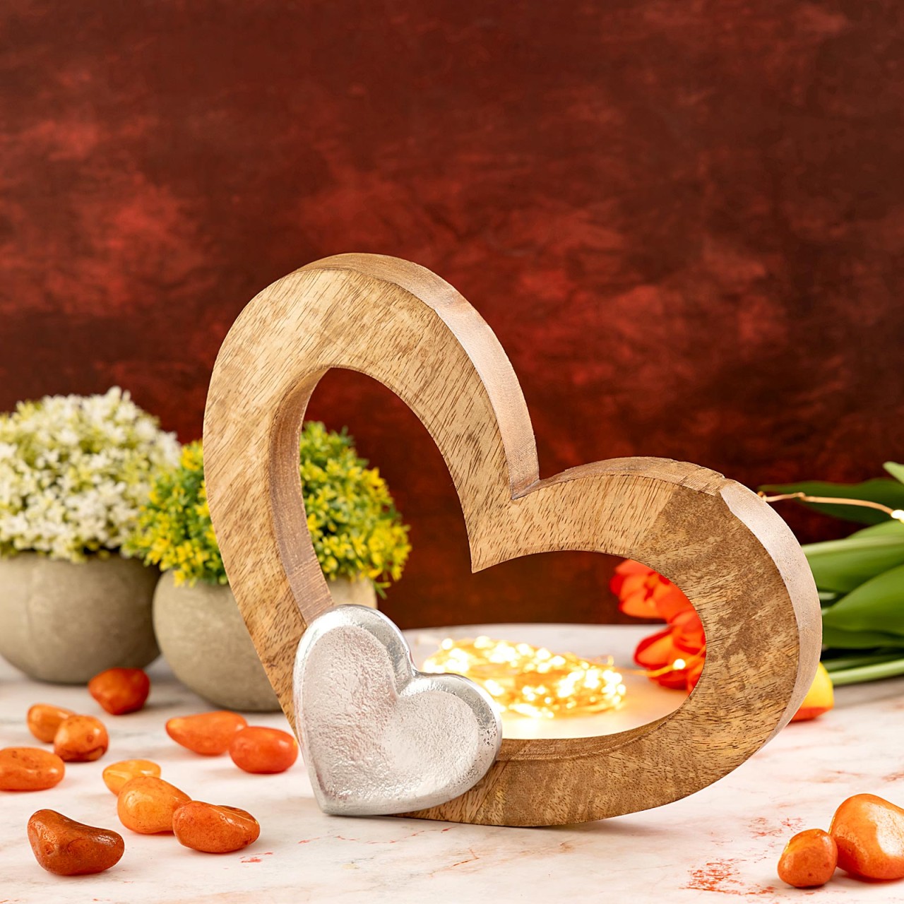 E-shop Dekofigur Herz 27x21cm Holzfigur Mangoholz Aluminium