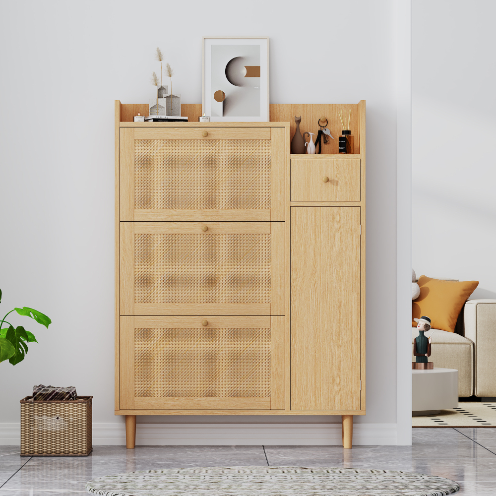 Wooden Shoe Cabinet With Large Storage Space, Flap & Drawer Shoe Cabinet For Hallway, Living Room & Bedroom, Compact Shoe Cabinet With Utilization, Sturdy Wooden Shoe Cabinet – Dimensions: W90//d17 Cm