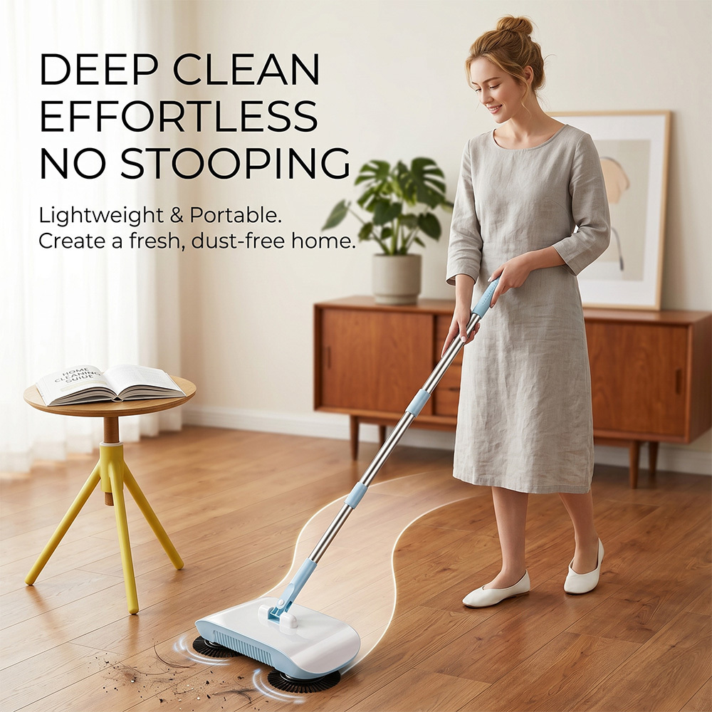 TEMU Manual Push Sweeper & Dustpan 2-in-1 Set, Handheld Household Broom, Portable Carpet Cleaner For Hard Floors, Home Cleaning Gift