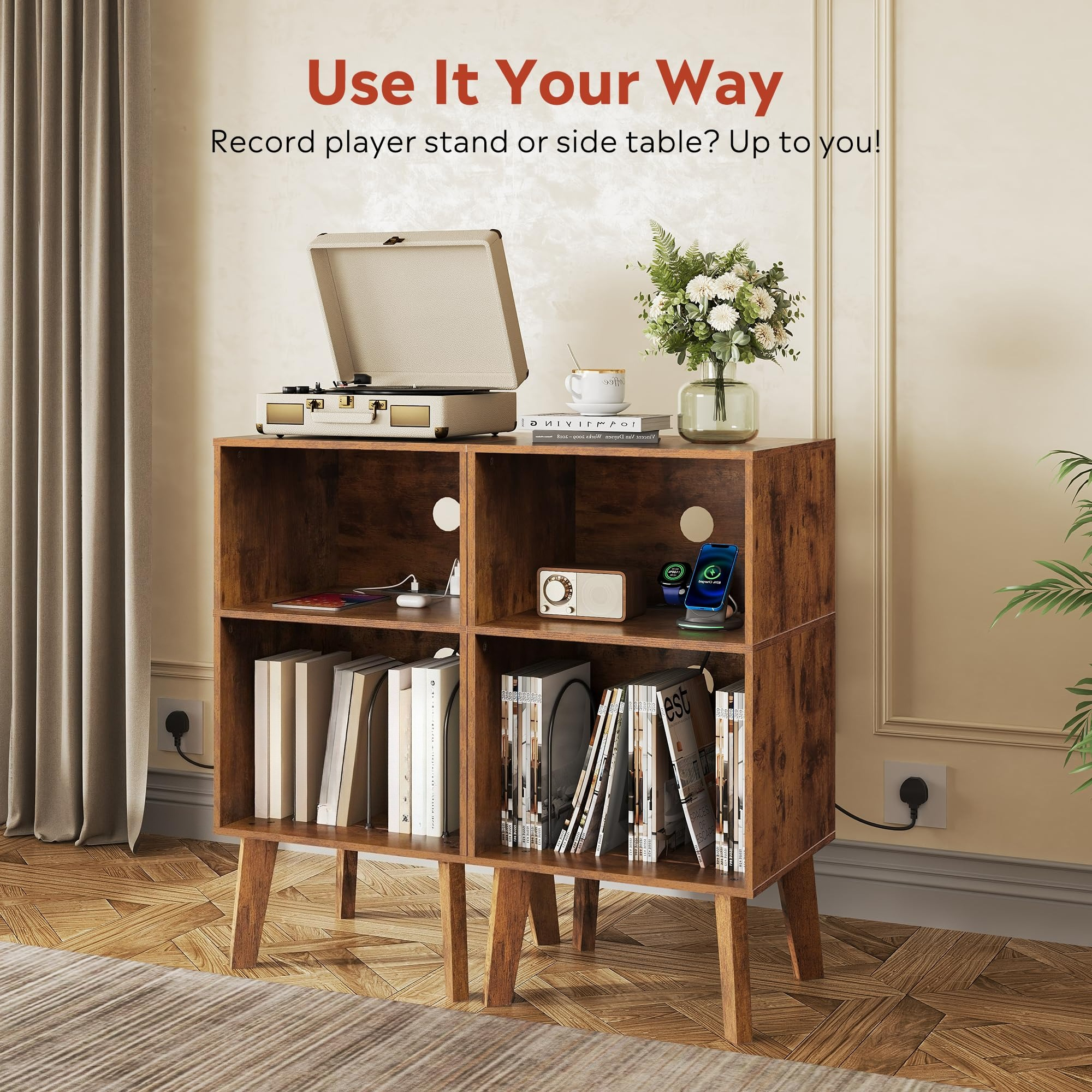 Side Table with Charging Station and 3-Tier Record Player Stand