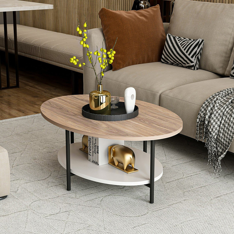 E-shop Couchtisch Wohnzimmertisch oval Beistelltisch Eiche-Optik Weiß Sofatisch mit unterer Ablage