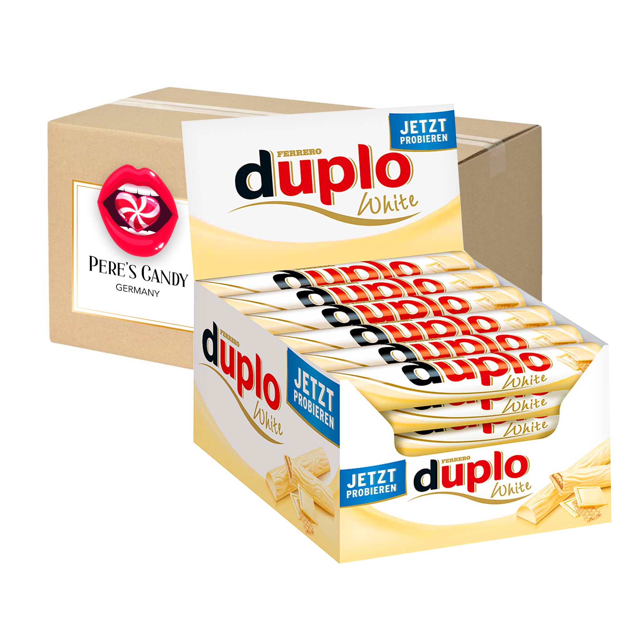 Image of Duplo White Chocolate Bar 40-pack Counter Display With 40 Bars Featuring Wafer, Nougat Cream Filling, And White Chocolate Coating