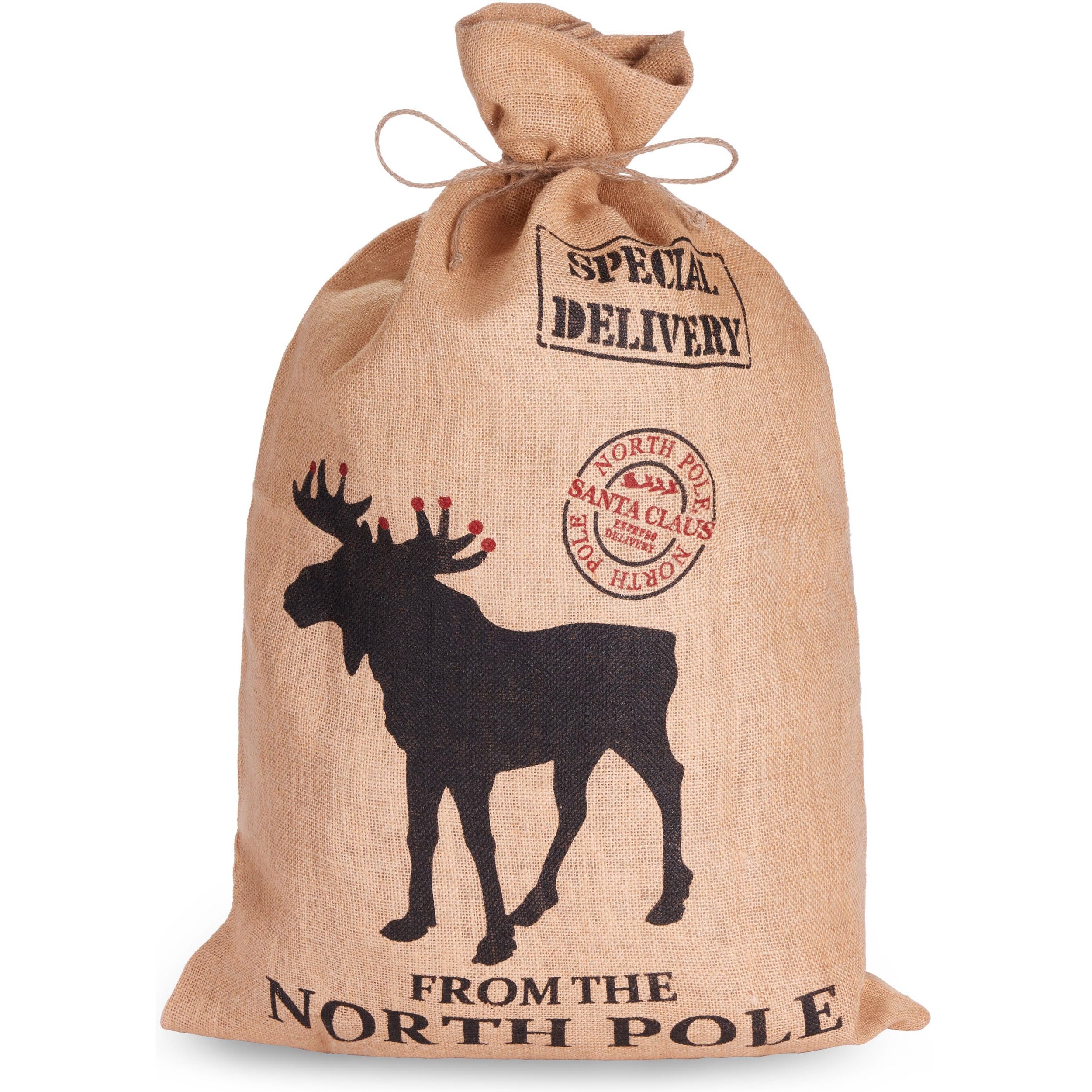 Image of Brubaker Christmas Sack Special Delivery Pole - 80 Cm Christmas Gift Bag - Sack Jute Bag With Drawstring For Gift Wrapping - Jute Sack With Elk Reindeer
