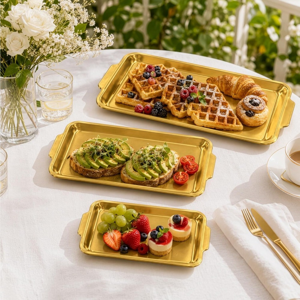 TEMU Stainless Steel Serving Tray 3-piece Set Rectangle Platter With Rounded Edges Food Storage Bbq Baking Pan Appetizer Indoor Outdoor Entertainment