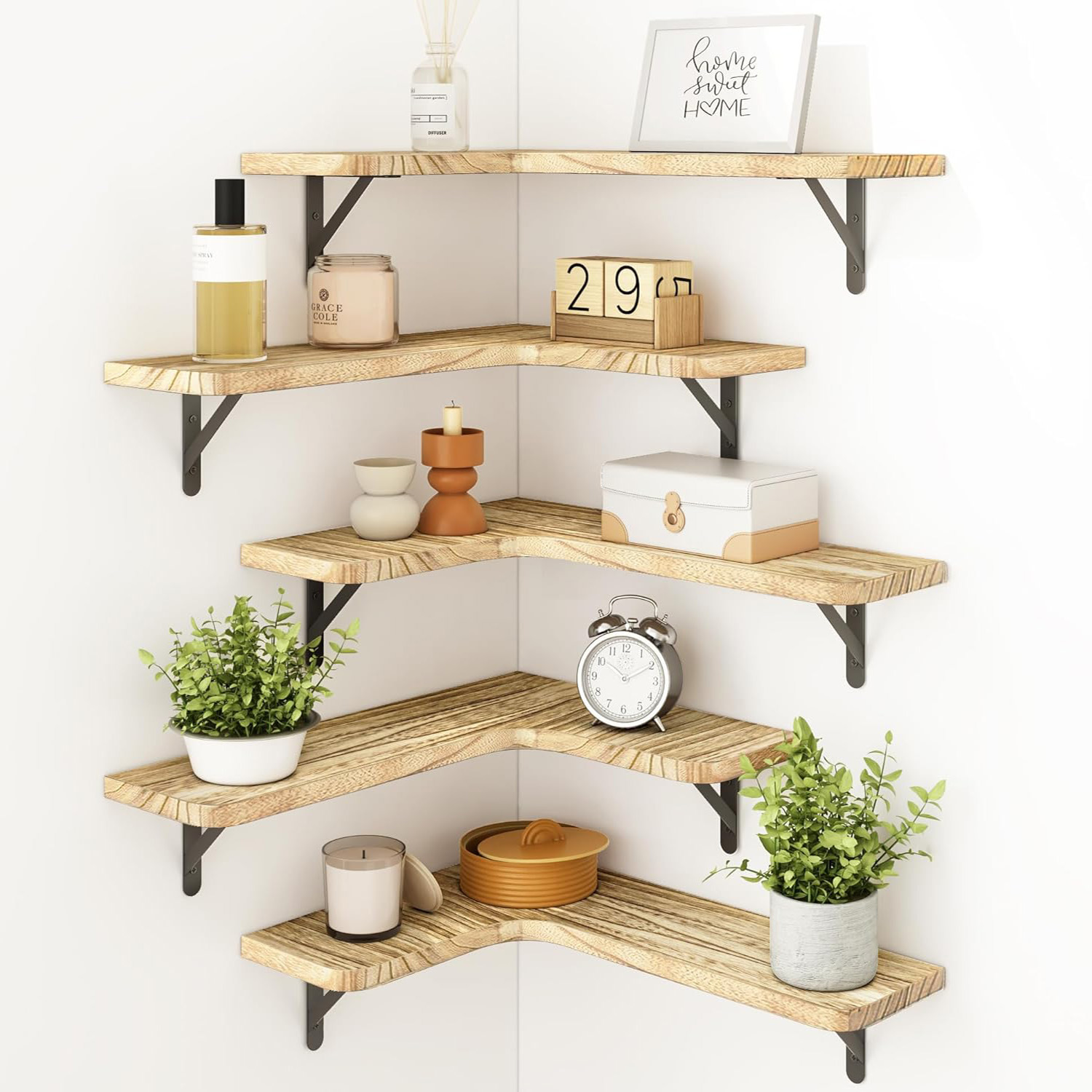 TEMU 3/5 Tier Rustic Wooden Floating Shelves Wall Shelf Corner Shelving Natural Crafts Display Stand Kitchen, Bedroom, Bathroom, Study, Living Room
