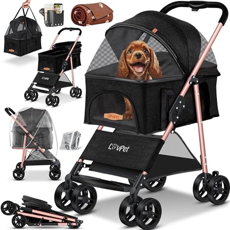 Lovpet® 2-in-1 Dog Stroller & Carrier, Foldable Pet Buggy With Wheels, Up To 20kg Capacity, Includes Mesh Windows, Drink Holder, Rain Cover & Plush Blanket, Jogger Stroller For Pets