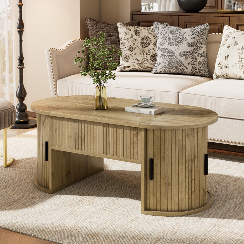 Height-adjustable Coffee Table | Oval | With Storage Space | Sliding Doors | Open Shelves | Living Room Table | Multifunctional