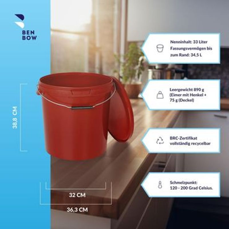 Benbow Bucket With Lid And Metal Handle 30l : 1pc, Red Bsr-certified, Airtight, Food-safe, Brc-certified, Spill-proof