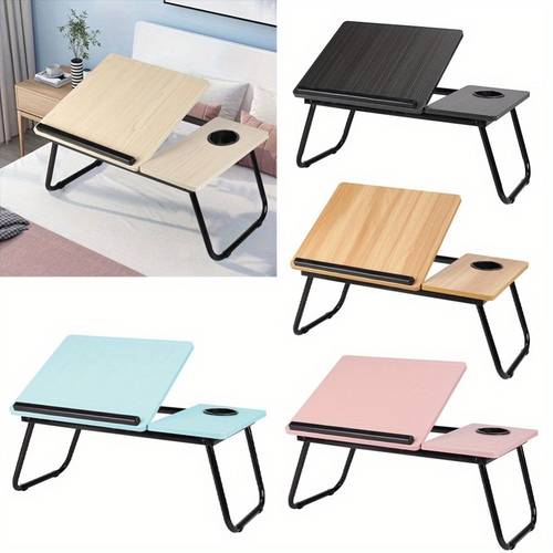 versatile folding laptop desk with cup holder adjustable tilt portable sturdy wooden frame ideal for reading studying serving breakfast in bed in natural pink