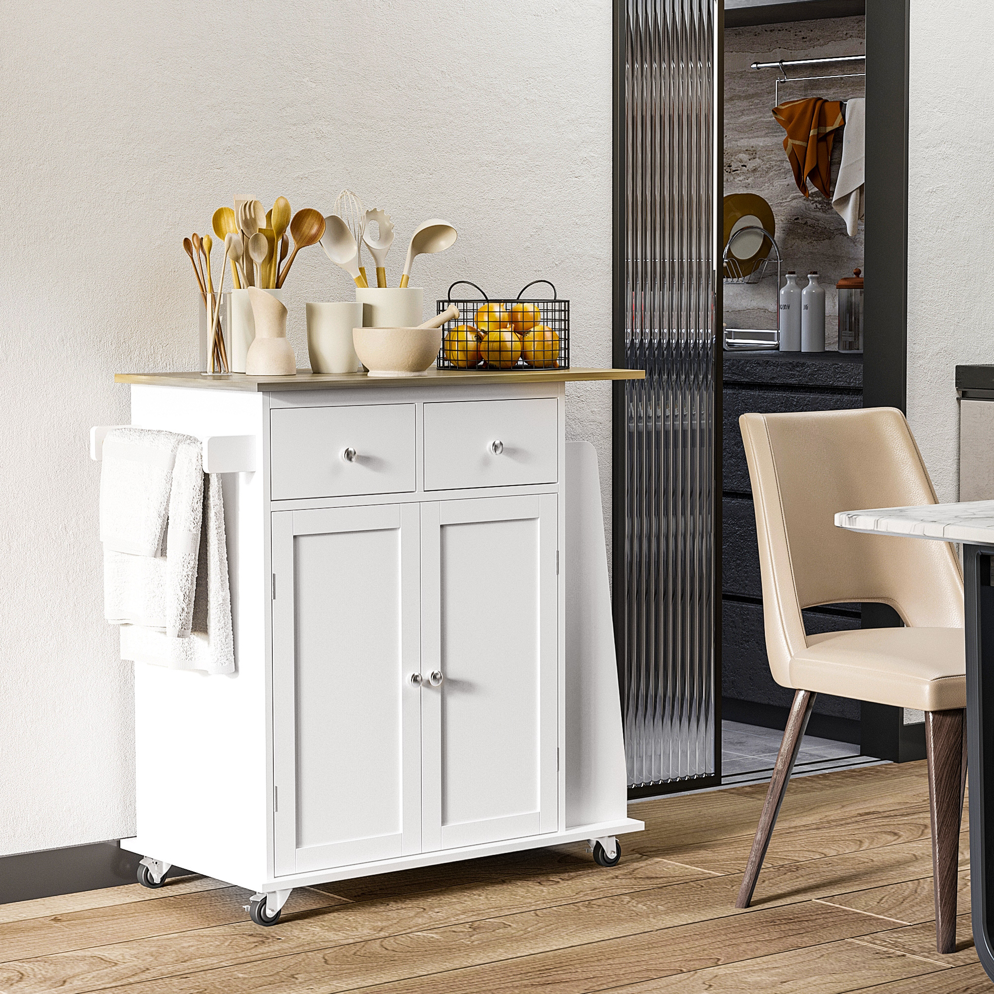 TEMU Kitchen Island Storage Cabinet Rolling Trolley With Rubber Wood Top, 3-tier Spice Rack, Large Cabinet & Drawers