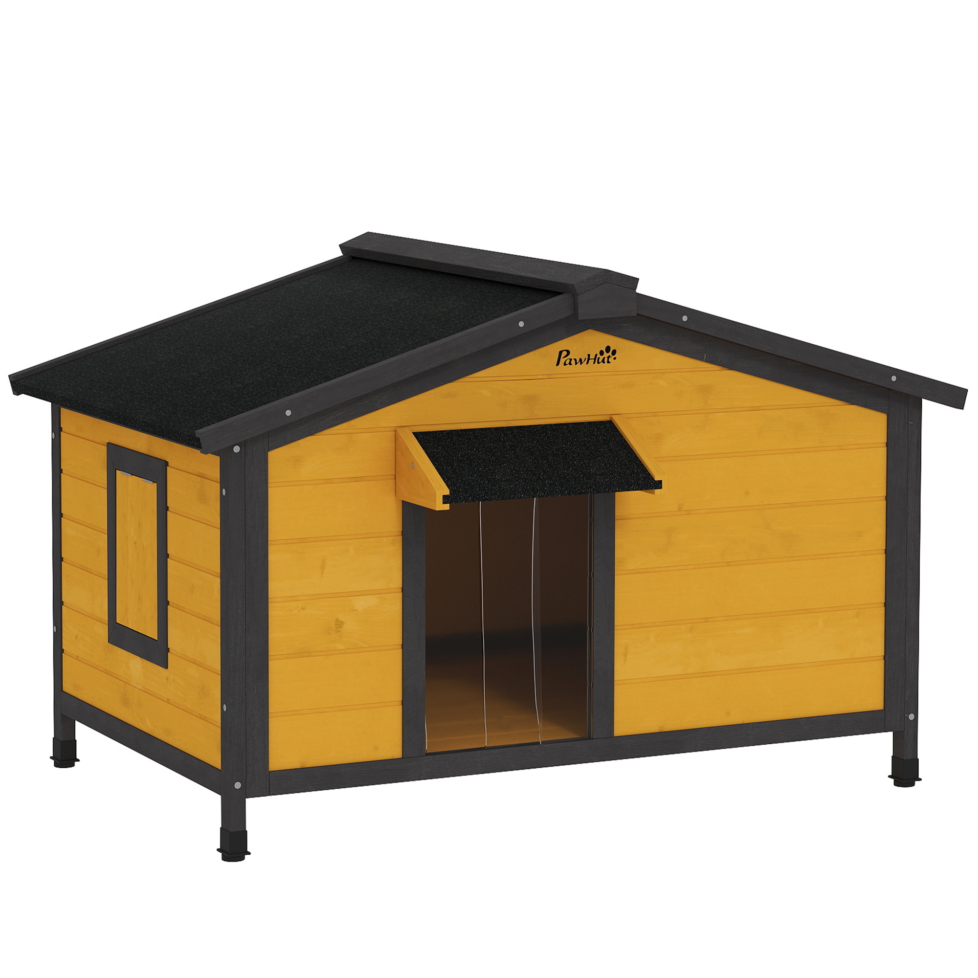 Image of Pawhut Dog Kennel Outdoor Dog House For Small Dogs With Asphalt Roof 2 Windows Door With Curtain And Removable Base 97x72x65 Cm Natural Wood