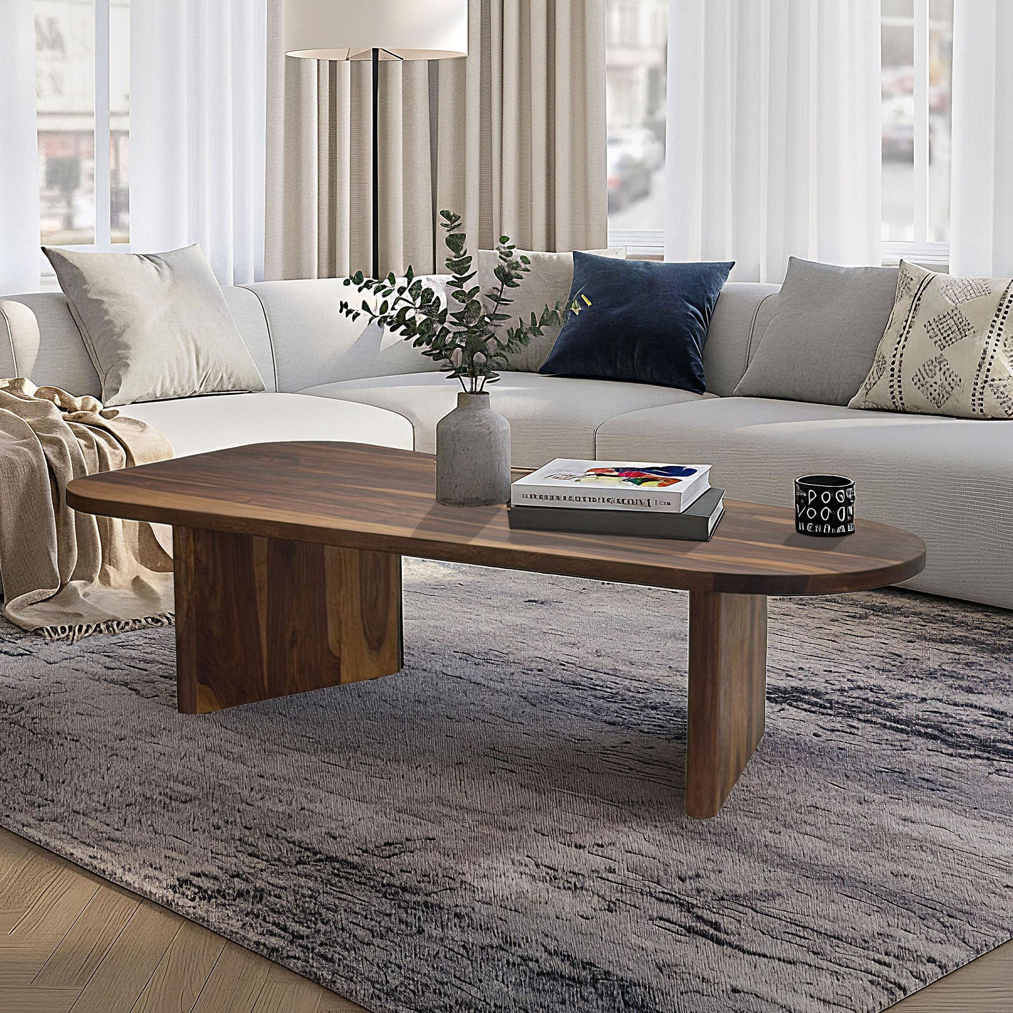 Image of Coffee Table - 120cm Oval Solid Wood, Handcrafted Modern Living Room Table With Rounded Design, Flat Sofa Table Made Of