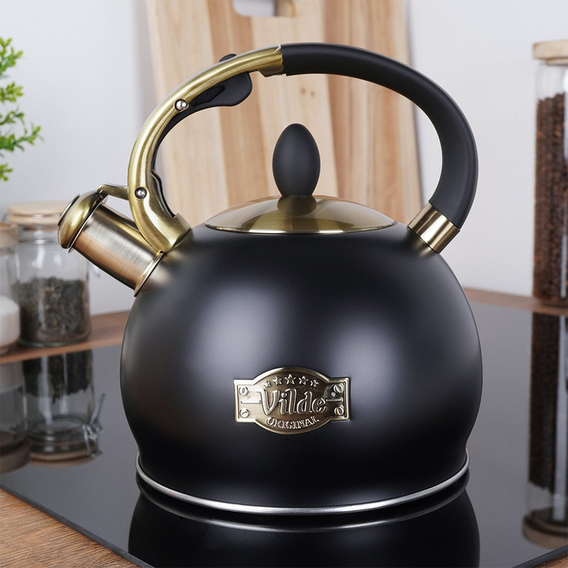 E-shop Teekessel mit Pfeife, Edelstahl, Schwarz, 3L Vilde - Klassisches Design mit -Griff und automatischer Pfeife, energieeffizient für moderne und