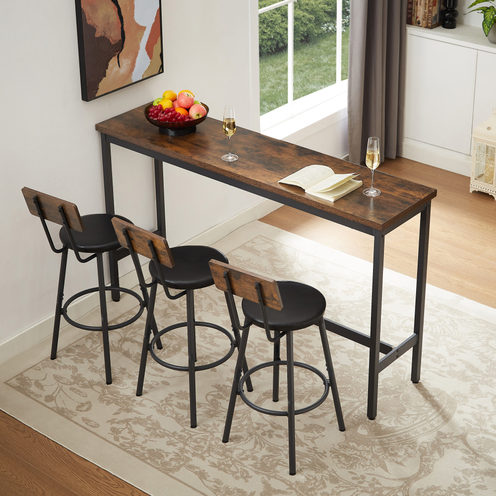 conjunto de bar compacto para 3   - mesa de 160cm + 3  s de bar (pele pu), dimensões   160x40x94.5cm,   ø32x92cm, aço + placa de madeira, anel reforçado (à   de  ), para festa de pé,   de pequeno-almoço, bar de casa - aspeto de madeira rústica +  , confortável, estável.