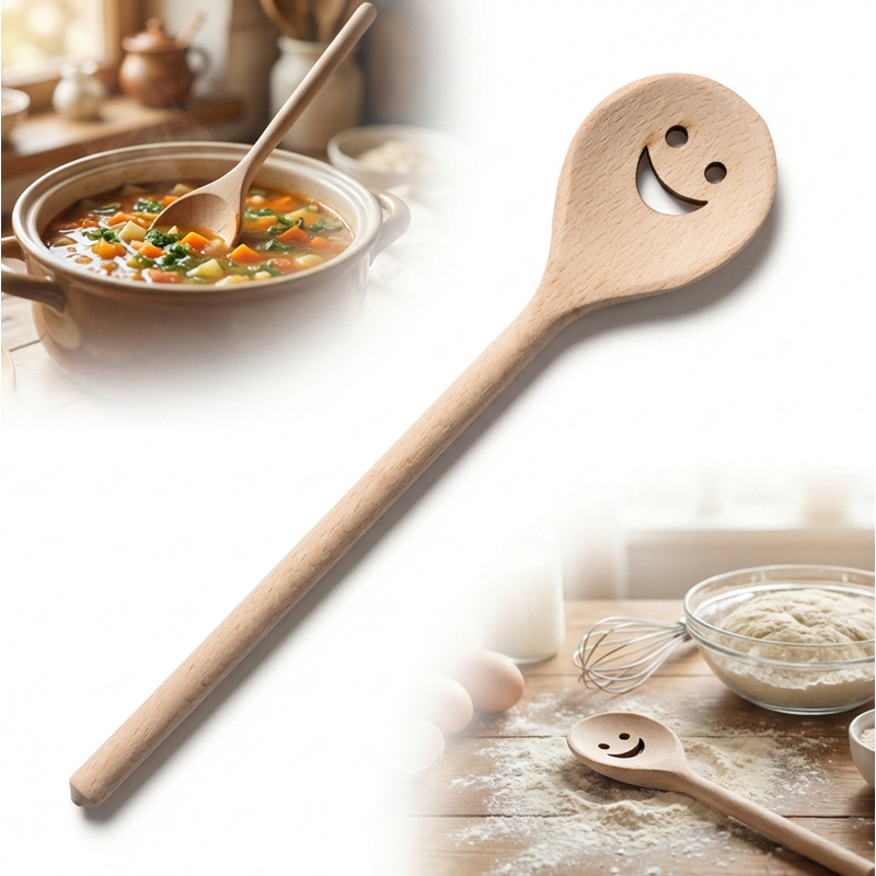 Wooden Spoon Made Of , 20 Cm, With "smile" Cutout For Stirring And Cooking