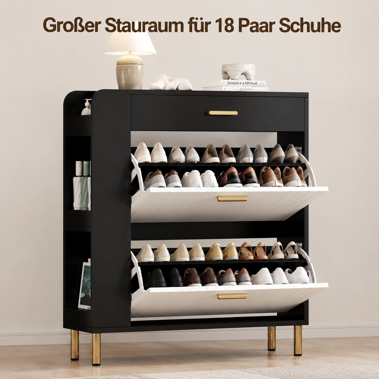 Narrow Shoe Cabinet With 2 Doors, 1 Drawer & 3 Open Compartments, Black And White, B80 X T24 X H105 Cm, Ideal For Narrow Corridors.