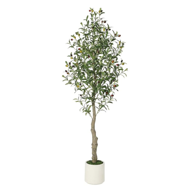 Image of Artificial Olive Tree 5 Ft Tall Olive Tree Indoor Fake Silk Plant With Realistic Trunk, Leaves, Fruits And White Planter, Potted Tree For Home Decor And Housewarming Gift, 1 Pack
