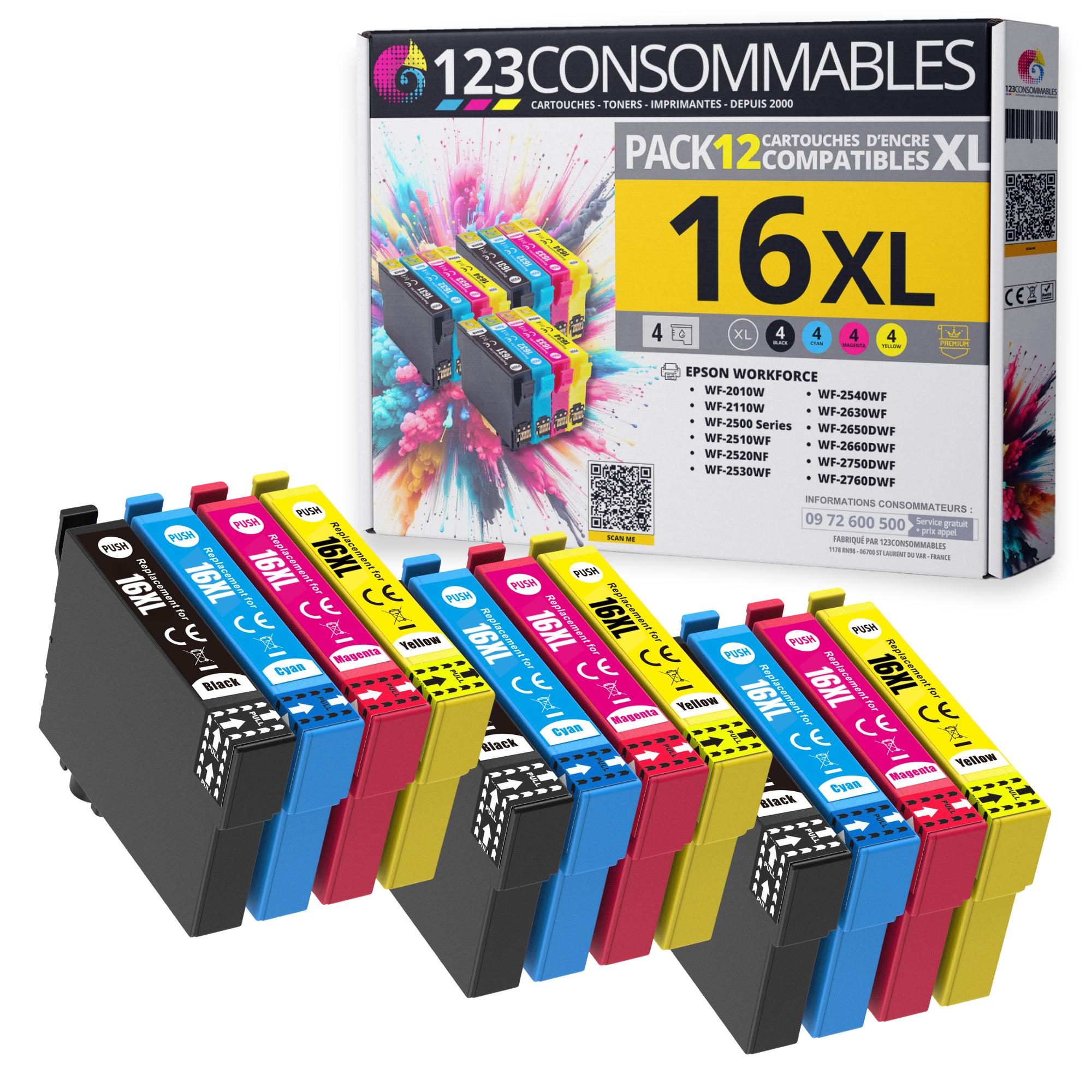 TEMU 123CONSOMMABLES - 16XL - Pack de 12 cartouches d'encre compatible avec Epson Workforce WF-2750 WF-2760 WF-2660 WF-2650 WF-2630 WF-2540 WF-2530