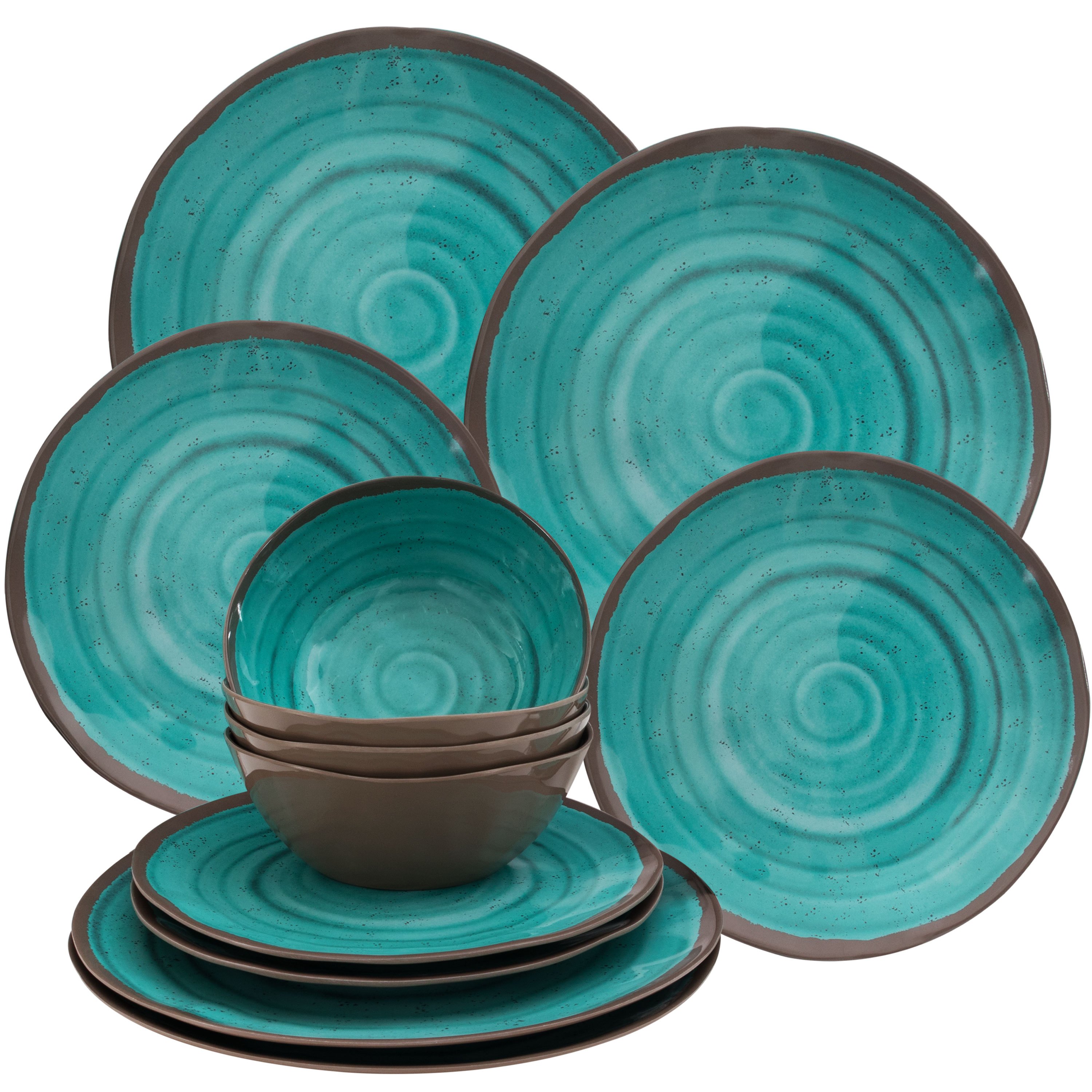 12-piece Melamine Camping Tableware Set For , Stoneware Look, Halo Design, Green Brown, Dishwasher Safe, Shatterproof