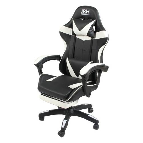scaun gaming profesional jrh, king size, cadru otel, piele , 130 kg, perna lombara - alb